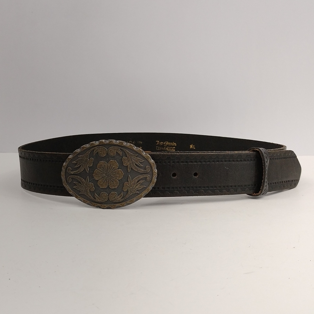 Tooled Leather Belt With Floral Buckle